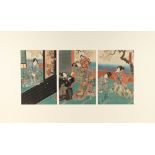 Toyokuni III (1786-1865) - VIEWING CHERRY BLOSSOM - woodblock prints, a triptych, mounted but