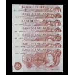 A private collection of GB banknotes - seven Bank of England Hollom Ten Shillings (10/-) banknotes