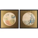 Two Chinese paintings on round silk panels, late 19th century, one depicting a lady standing by a