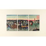 Utagawa Kuniteru (1808-1876) - HORSE CARRIAGES ON A TOKYO STREET - woodblock prints, a triptych,