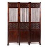 Property of a gentleman - a Far Eastern carved hardwood three-fold screen or room divider, 76.75ins.