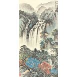 A Chinese scroll painting on paper depicting a mountainous landscape with waterfall, late 20th