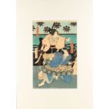 Utagawa Kunisada I (1786-1865) - KABUKI ACTORS PLAYING GENPEI SEISUIKI - woodblock print, oban,