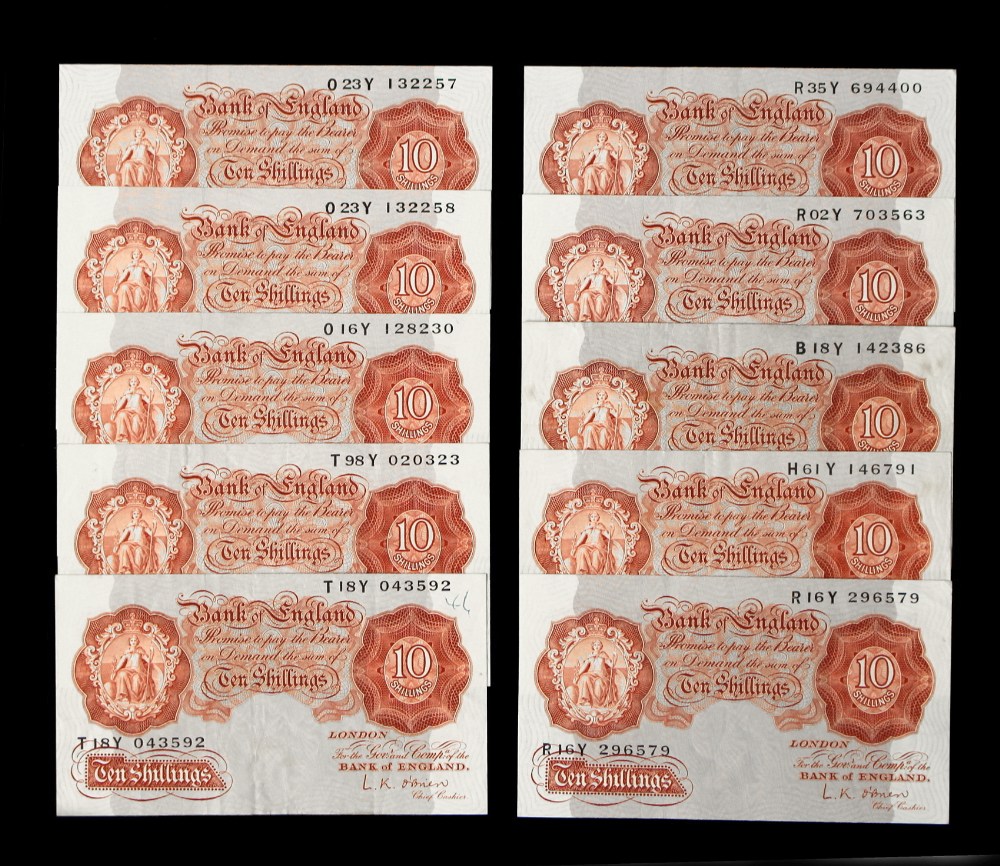 A private collection of GB banknotes - ten Bank of England O'Brien Ten Shillings (10/-) banknotes,