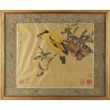 An early 20th century Chinese painting on silk depicting a bird on a fruiting pomegranate branch