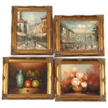 Property of a lady - four modern gilt framed oils on board depicting landscapes & still lifes, one