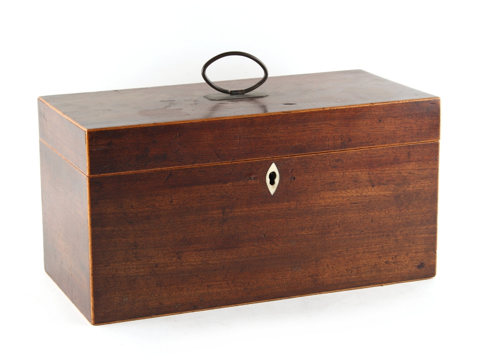 Property of a deceased estate - a George III mahogany & boxwood strung rectangular tea caddy, 11.