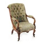 Property of a deceased estate - a Victorian carved rosewood & floral button upholstered armchair,