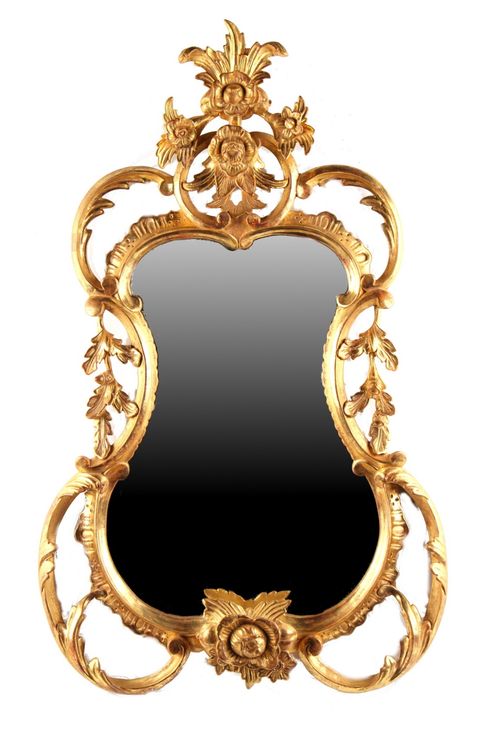 Property of a lady - a small George II/III style carved giltwood wall mirror, 28ins. (71cms.) high.