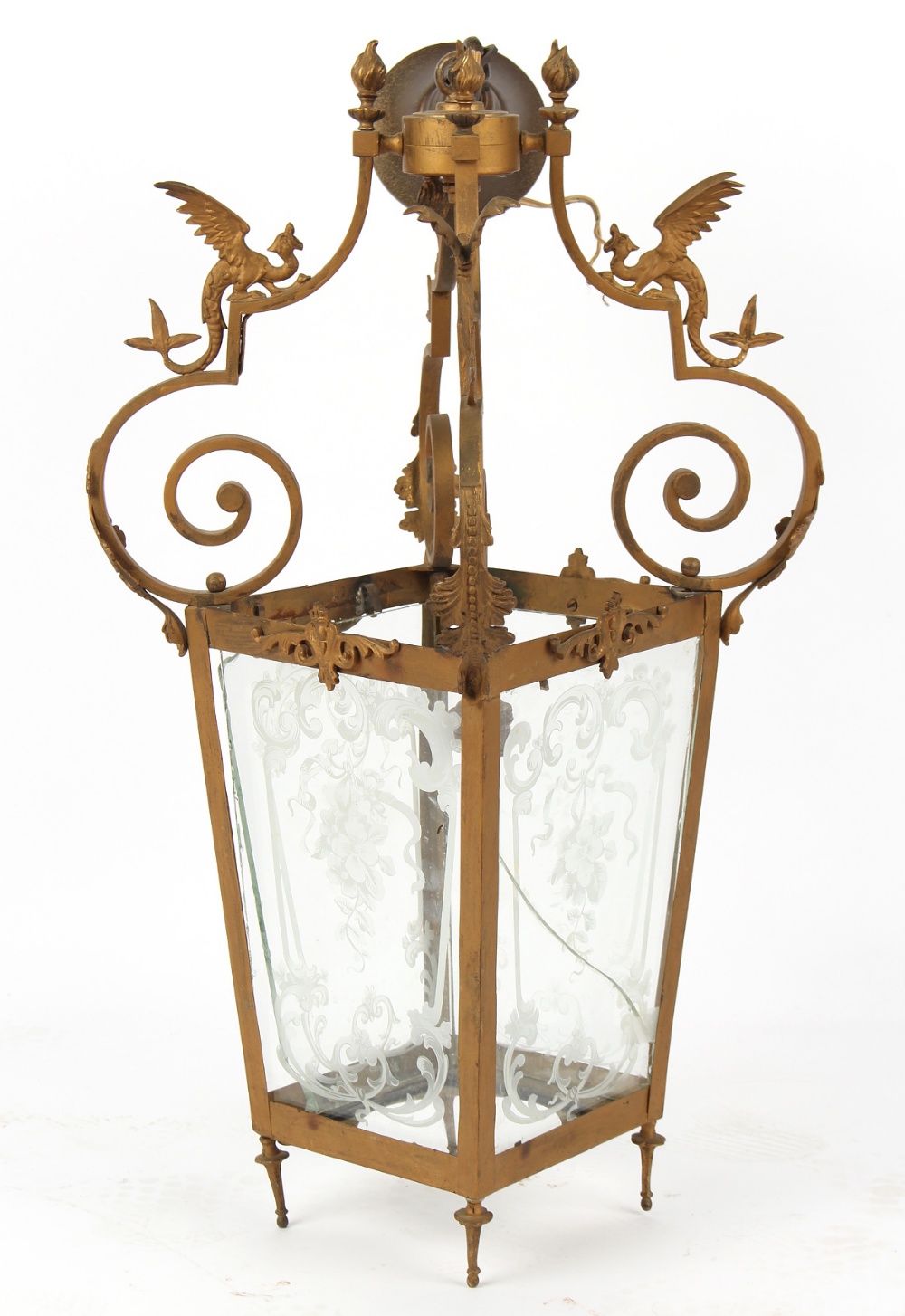 A late 19th / early 20th century Continental gilt painted metal hall lantern of square tapering