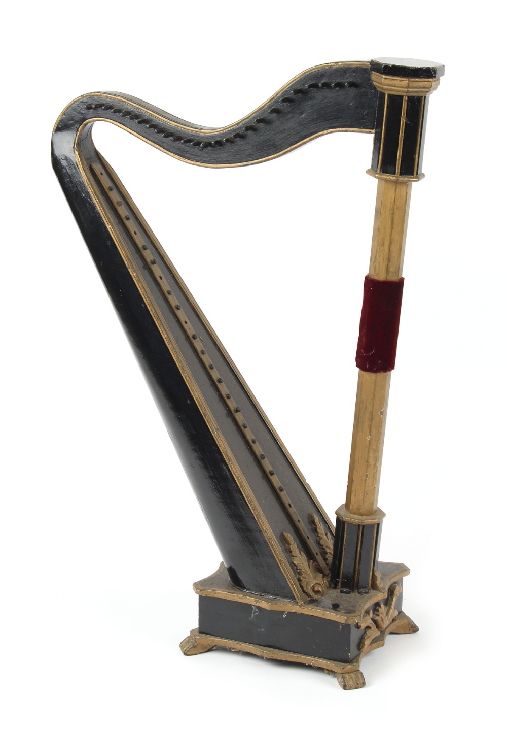 Property of a lady - a late 19th century ebonised & parcel gilt Welsh harp, strings absent,