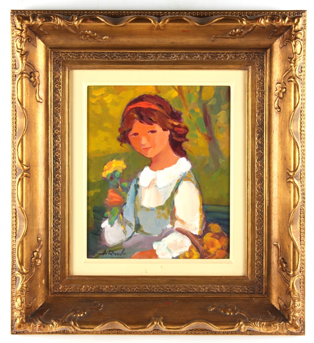 Early / mid 20th century - FLOWER GIRL - oil on board, 12 by 10ins. (30.5 by 25.4cms.), in heavy