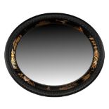 Property of a lady - an early 20th century black chinoiserie decorated oval framed wall mirror, with