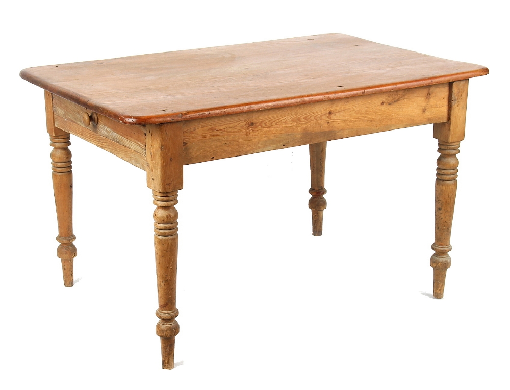 Property of a gentleman - a Victorian pine kitchen table with end drawer, on turned legs, 48ins. (