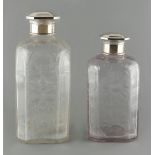 Property of a lady - two similar 19th century French silver topped soft cut glass decanters, of