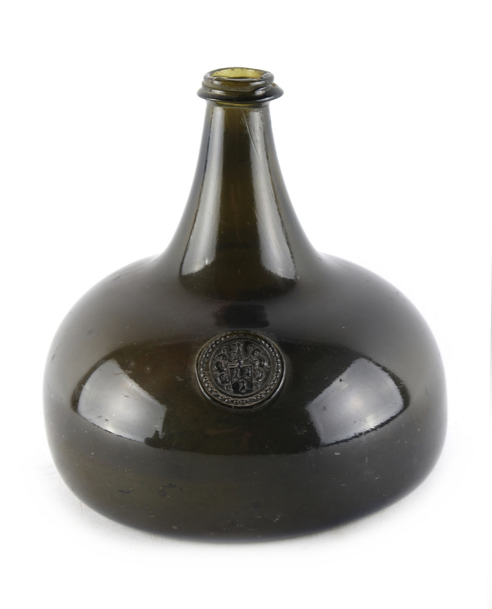 Property of a lady - a good sealed onion wine bottle, early 18th century, with high kick base, the