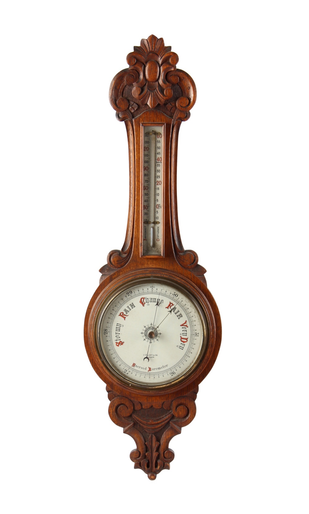 Property of a lady - a late Victorian carved oak cased aneroid barometer & thermometer, 33.25ins. (