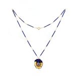 An attractive 9ct yellow gold enamel sapphire & pearl flowerhead pendant necklace, the round cut