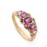 A Victorian yellow gold amethyst five stone ring, size M.