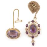 Property of a lady - a late Victorian amethyst & seed pearl pendant, approximately 54mm long, on