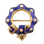 A Victorian unmarked yellow gold blue enamel & seed pearl garter brooch, 33mm long, approximately