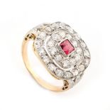 A yellow gold spinel & diamond cluster ring, the square cut spinel weighing approximately 0.51