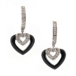 Property of a lady - a pair of diamond & black onyx heart shaped earrings, for pierced ears, boxed.