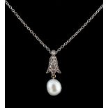 A certificated natural saltwater pearl & diamond pendant on platinum chain necklace, the light