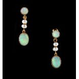 A pair of 9ct yellow gold opal & seed pearl pendant earrings, each approximately 22mm long (2).