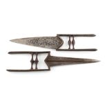 Property of a gentleman - two Indian katars, one with damascened decoration, the larger 15.75ins. (