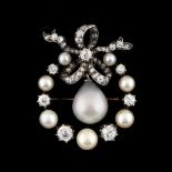 A Belle Epoque certificated natural saltwater pearl & diamond brooch, the grey pearl measuring