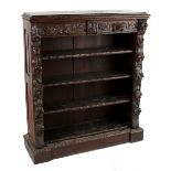 Property of a gentleman - a late 19th / early 20th century carved dark oak open bookcase, with two