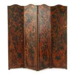 Property of a deceased estate - a late 19th / early 20th century floral painted leather four panel