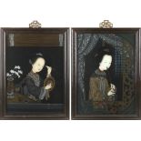 Property of a gentleman - a pair of Chinese reverse paintings on glass, one depicting a lady