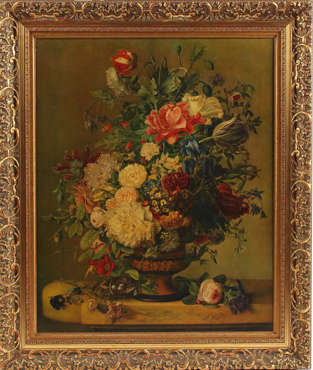 Property of a deceased estate - an oleograph depicting a still life of flowers in a vase, in gilt