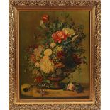 Property of a deceased estate - an oleograph depicting a still life of flowers in a vase, in gilt