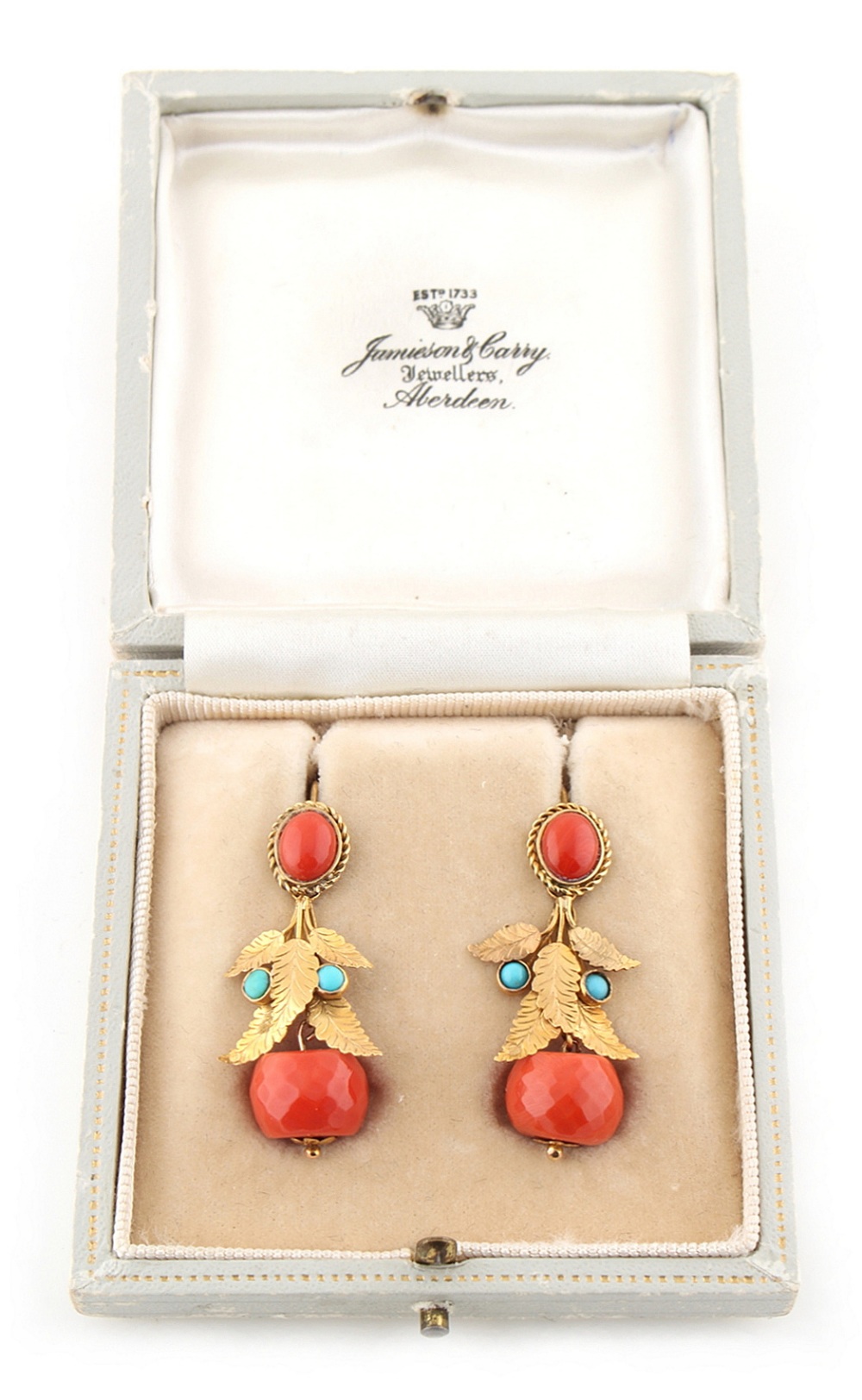 An attractive pair of yellow metal coral & turquoise leaf & berry pendant earrings, marked COC