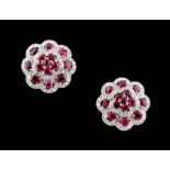 A very fine pair of white gold ruby & diamond cluster earrings, the twenty-eight certificated