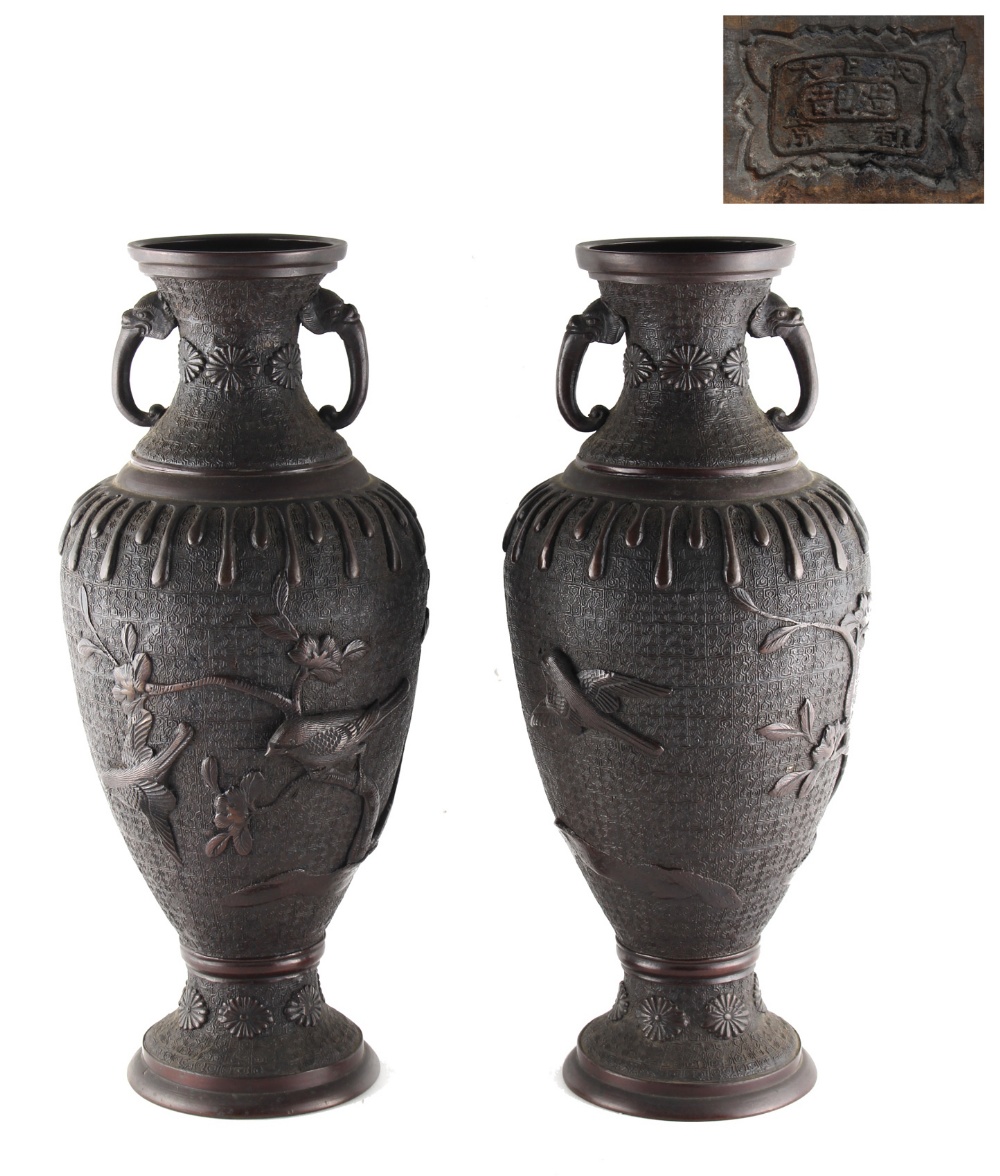 Property of a gentleman - a pair of Japanese bronze two-handled baluster vases, Meiji period (1868-