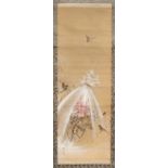 An early 20th century Japanese scroll painting on silk depicting sparrows in the snow, signed & with