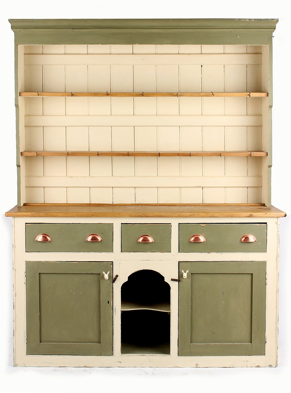 Property of a gentleman - a Victorian later painted two-part dresser, with dog kennel base, 62.
