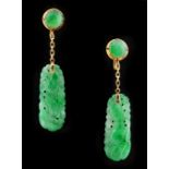A pair of Chinese 14ct yellow gold & carved certificated untreated jadeite pendant earrings, each