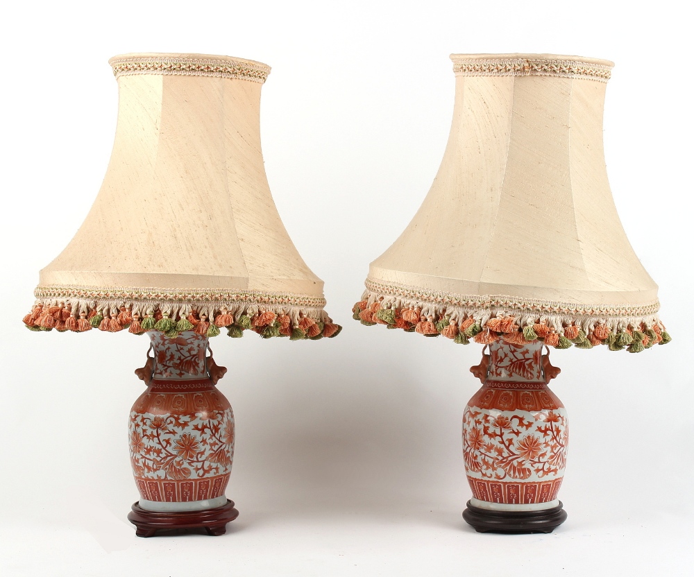 Property of a deceased estate - a pair of modern Chinese porcelain iron red decorated table lamps