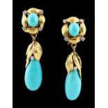 A large pair of yellow gold turquoise & diamond pendant drop earrings, with post & clip