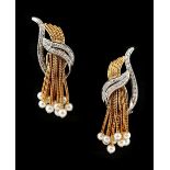 An attractive pair of yellow & white gold diamond & pearl tassel earrings, with post & clip