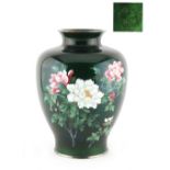 Property of a lady - a Japanese cloisonne green ground vase decorated with peonies, Ando Jubei