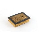 A Chinese gilt bronze rectangular box, 18th century, decorated in relief with a pagoda in a