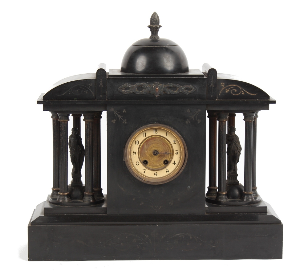 Property of a gentleman - a large 19th century black marble architectural cased mantel clock, the