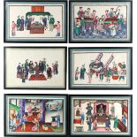 Property of a lady - a set of six 19th century Chinese paintings on pith paper depicting court