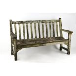 Property of a deceased estate - a well-weathered teak garden bench, by R.A. Lister, 64ins. (163cms.)